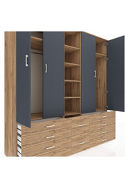 Kronos Dolap 9 Raflı 10 Çekmeceli 2 Askılı 220x59x243 Çam-Antrasit/Çam