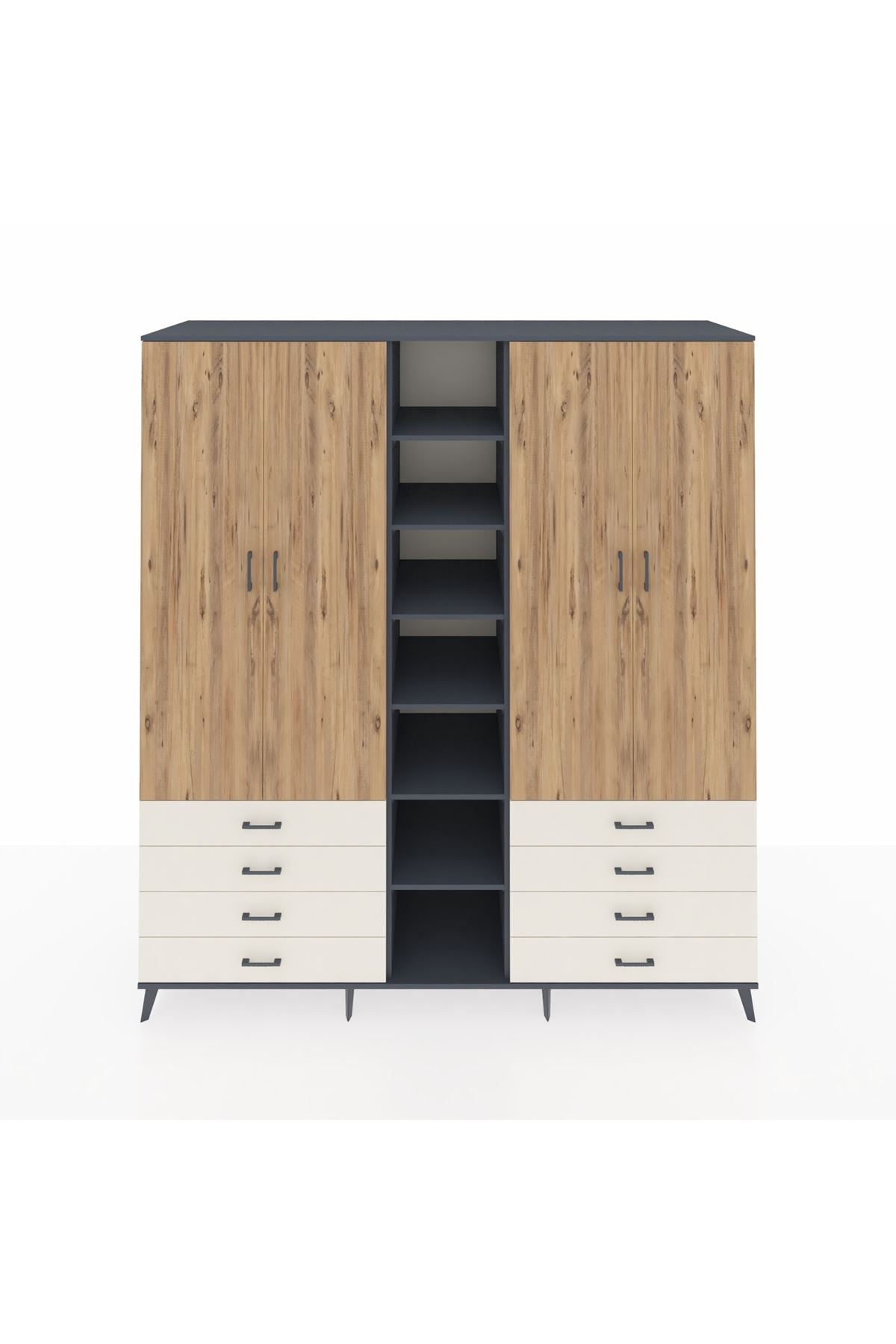 Kronos Dolap 10 Raflı 8 Çekmeceli 2 Askılı 220x59x243 Antrasit-Çam/Aytaşı