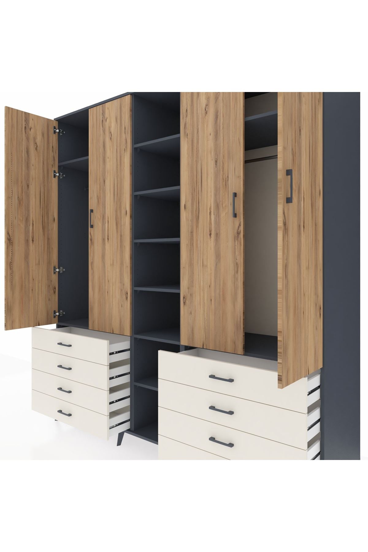 Kronos Dolap 10 Raflı 8 Çekmeceli 2 Askılı 220x59x243 Antrasit-Çam/Aytaşı