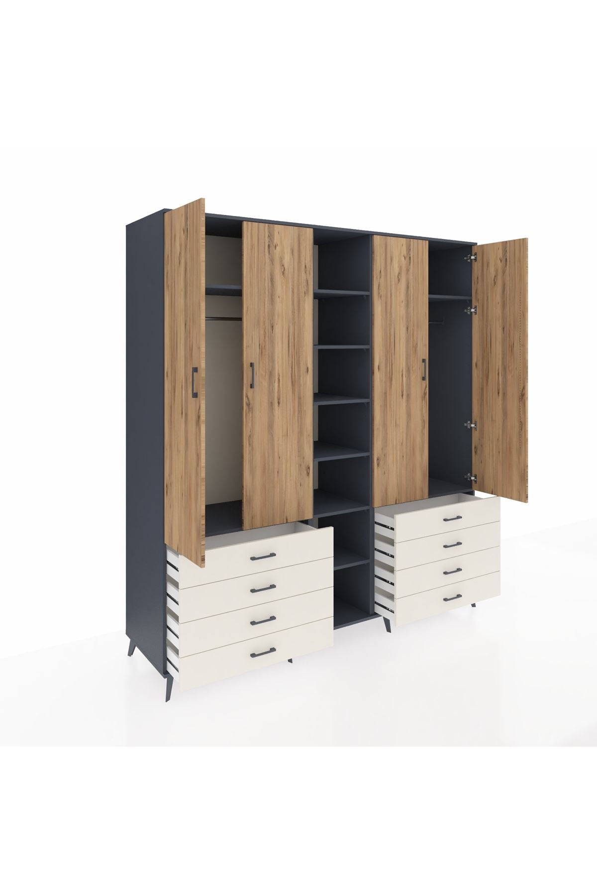 Kronos Dolap 10 Raflı 8 Çekmeceli 2 Askılı 220x59x243 Antrasit-Çam/Aytaşı