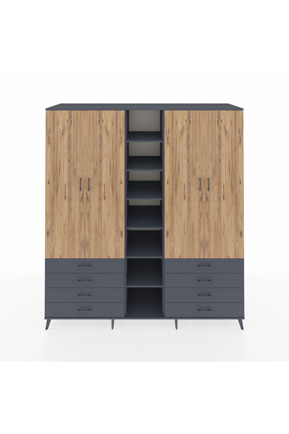 Kronos Dolap 10 Raflı 8 Çekmeceli 2 Askılı 220x59x243 Antrasit-Çam/Antrasit