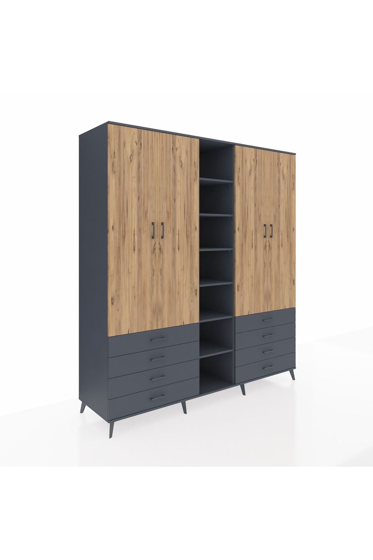 Kronos Dolap 10 Raflı 8 Çekmeceli 2 Askılı 220x59x243 Antrasit-Çam/Antrasit