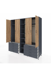 Kronos Dolap 10 Raflı 8 Çekmeceli 2 Askılı 220x59x243 Antrasit-Çam/Antrasit