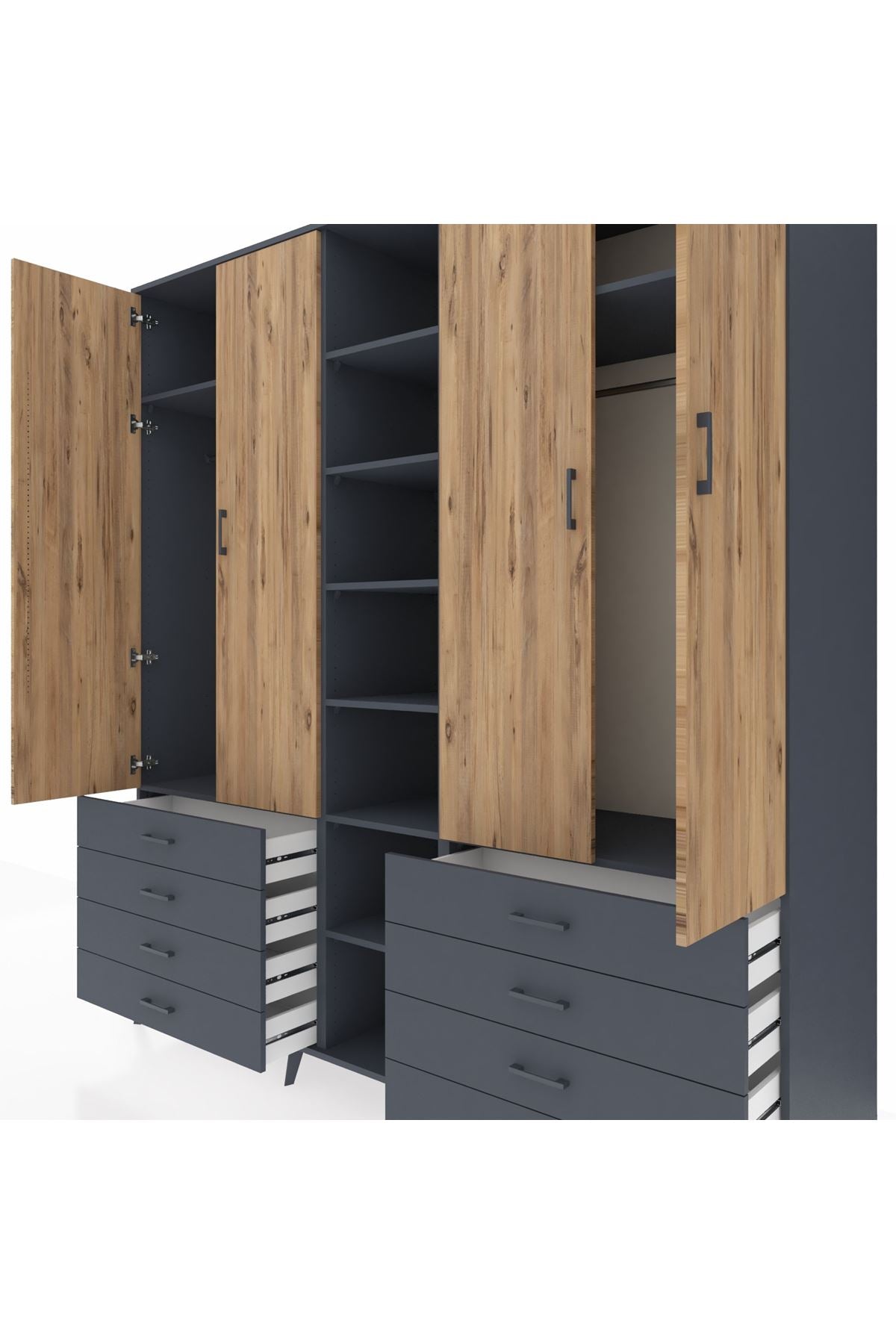 Kronos Dolap 10 Raflı 8 Çekmeceli 2 Askılı 220x59x243 Antrasit-Çam/Antrasit