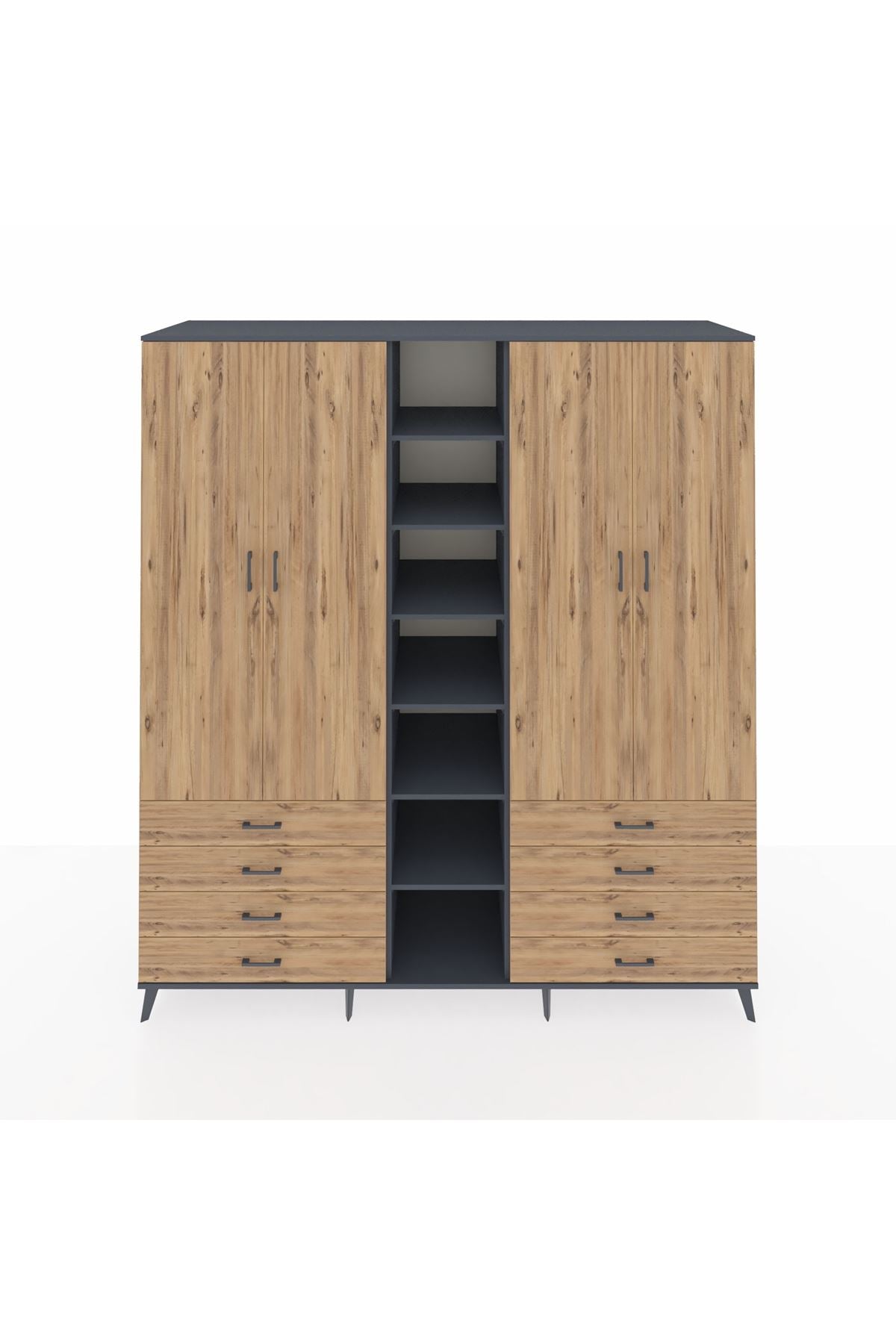 Kronos Dolap 10 Raflı 8 Çekmeceli 2 Askılı 220x59x243 Antrasit-Çam/Çam