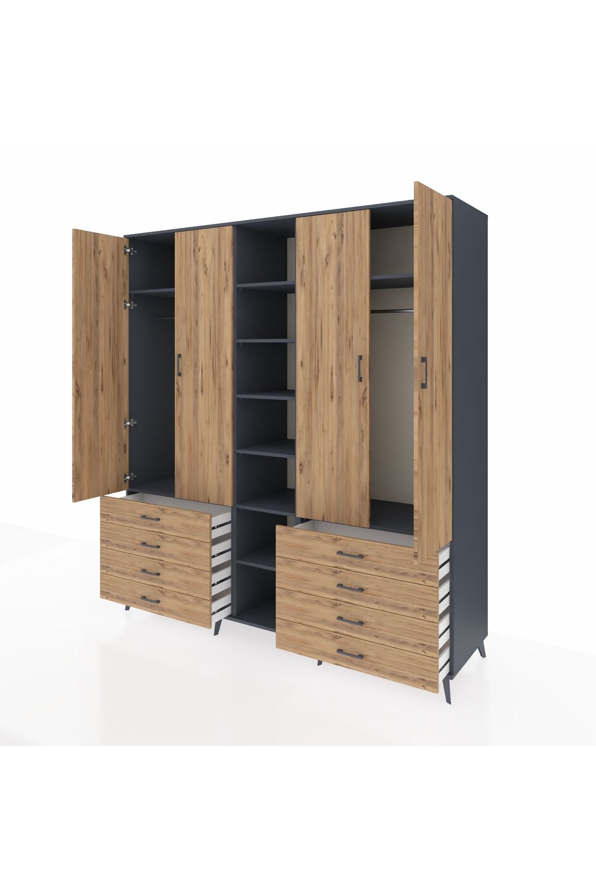 Kronos Dolap 10 Raflı 8 Çekmeceli 2 Askılı 220x59x243 Antrasit-Çam/Çam