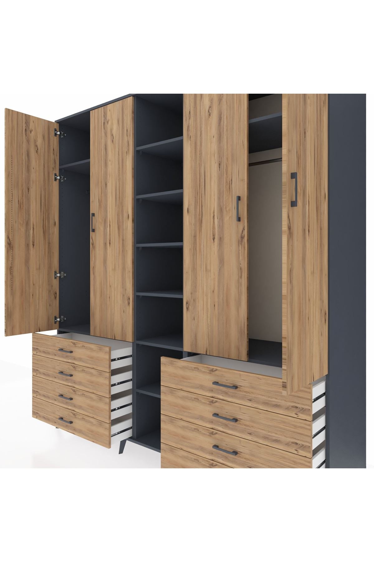 Kronos Dolap 10 Raflı 8 Çekmeceli 2 Askılı 220x59x243 Antrasit-Çam/Çam