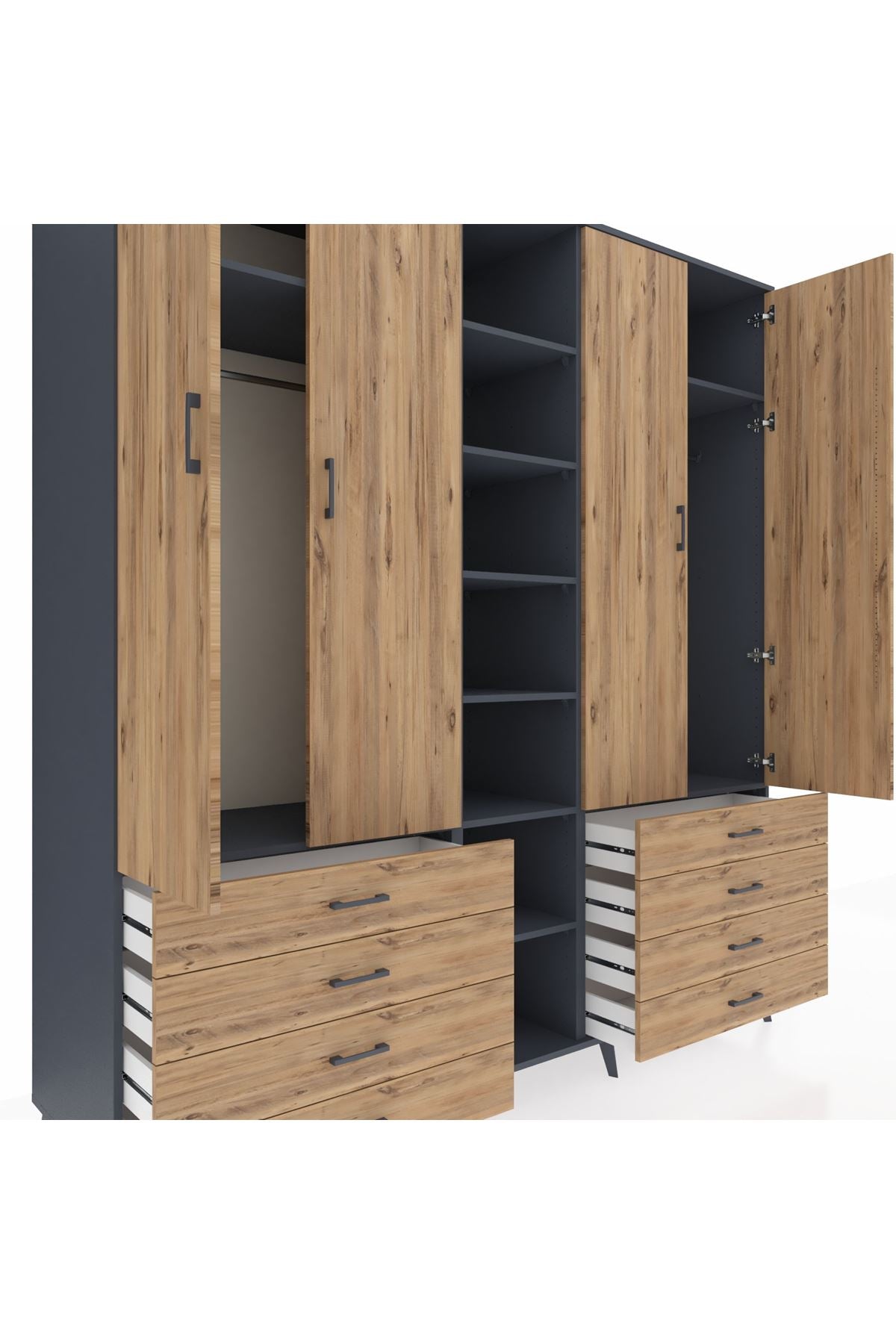 Kronos Dolap 10 Raflı 8 Çekmeceli 2 Askılı 220x59x243 Antrasit-Çam/Çam