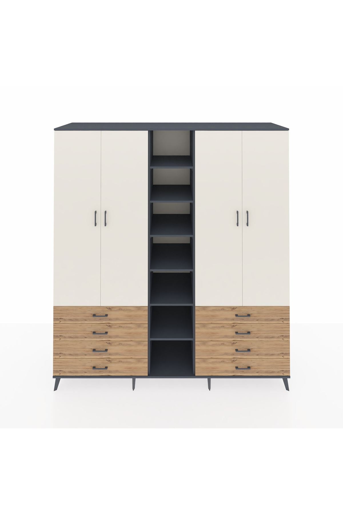 Kronos Dolap 10 Raflı 8 Çekmeceli 2 Askılı 220x59x243 Antrasit-Aytaşı/Çam