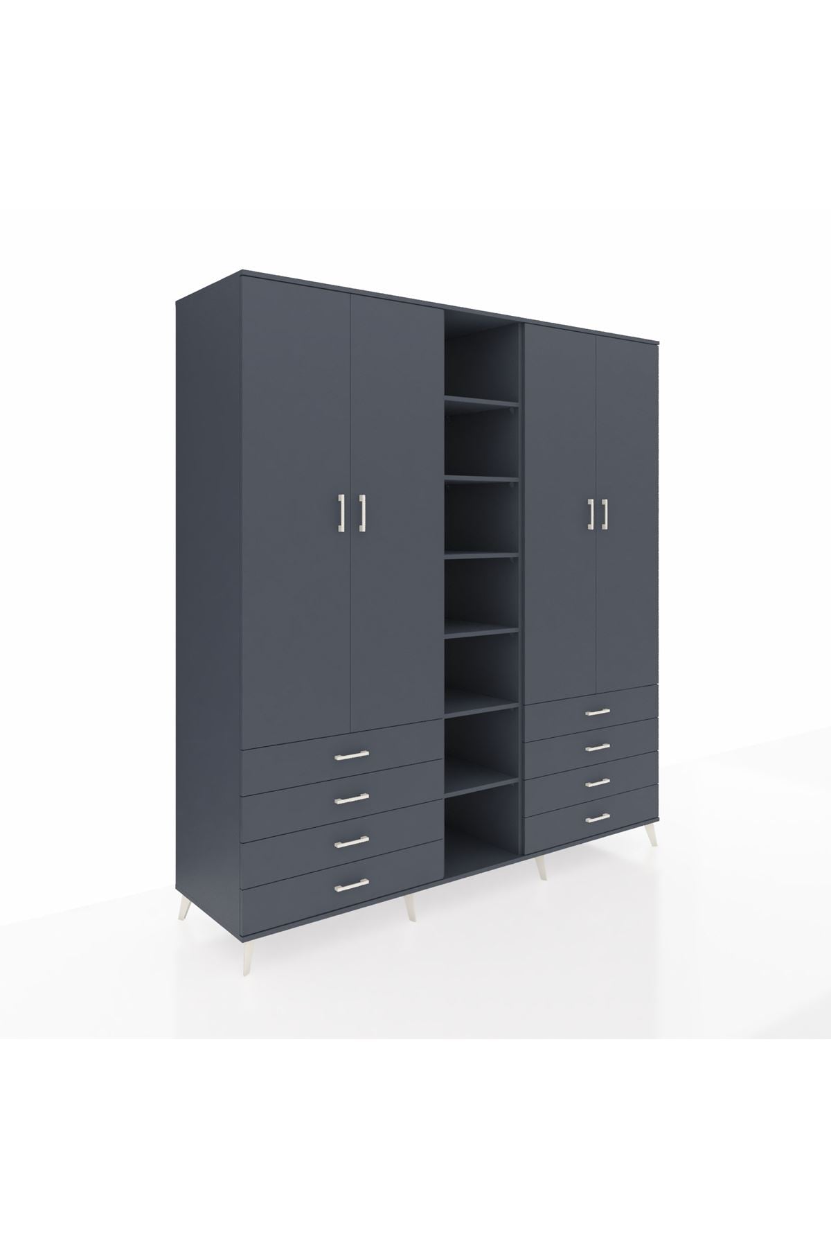 Kronos Dolap 10 Raflı 8 Çekmeceli 2 Askılı 220x59x243 Antrasit-Antrasit/Antrasit