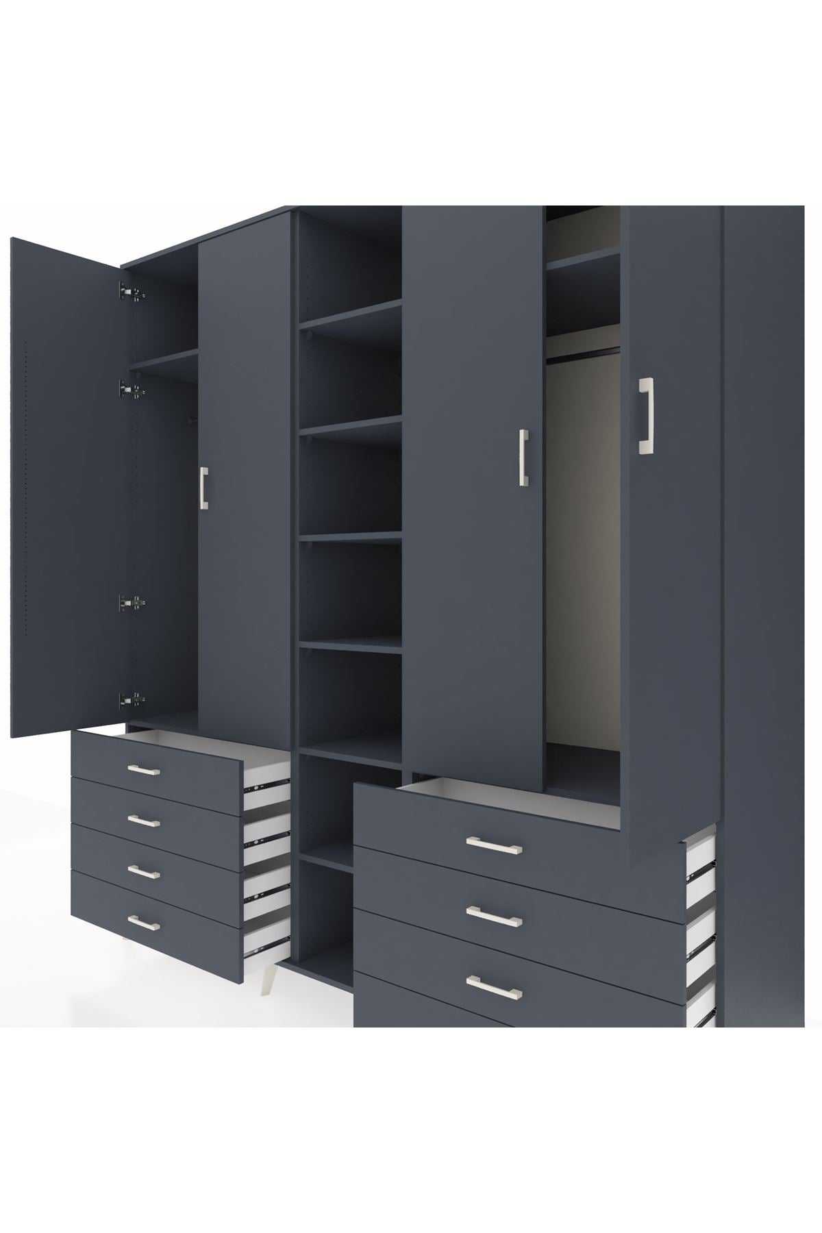 Kronos Dolap 10 Raflı 8 Çekmeceli 2 Askılı 220x59x243 Antrasit-Antrasit/Antrasit