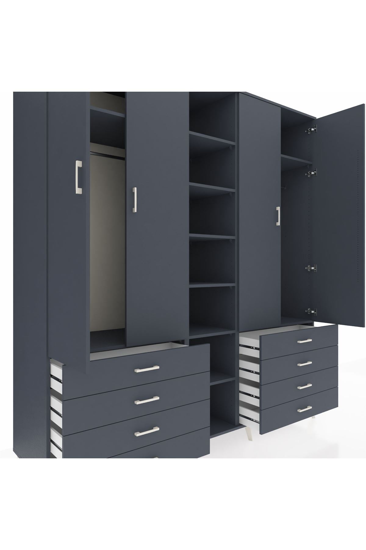 Kronos Dolap 10 Raflı 8 Çekmeceli 2 Askılı 220x59x243 Antrasit-Antrasit/Antrasit