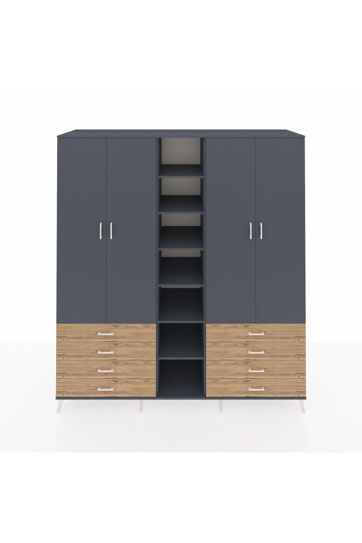 Kronos Dolap 10 Raflı 8 Çekmeceli 2 Askılı 220x59x243 Antrasit-Antrasit/Çam