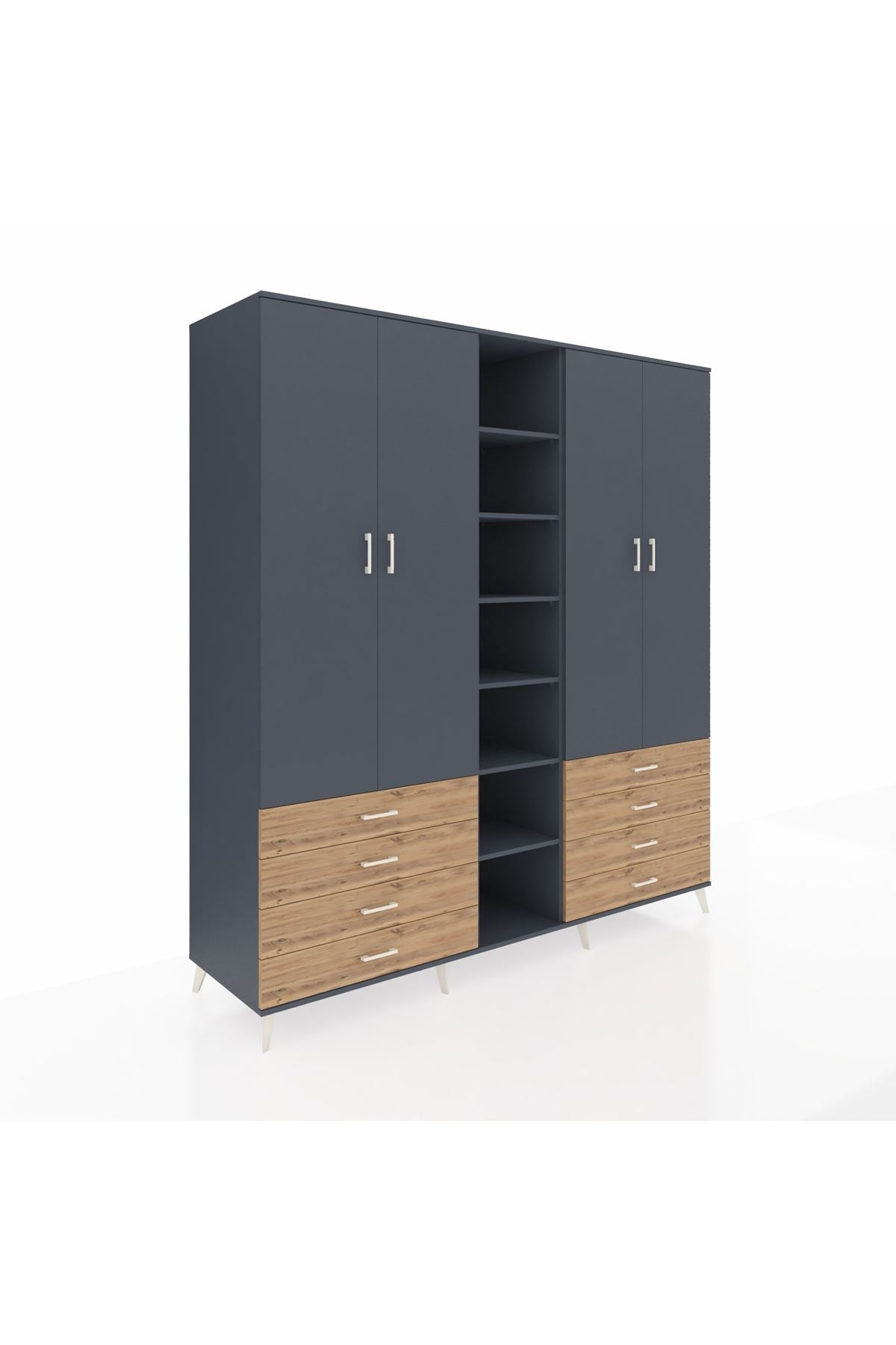 Kronos Dolap 10 Raflı 8 Çekmeceli 2 Askılı 220x59x243 Antrasit-Antrasit/Çam