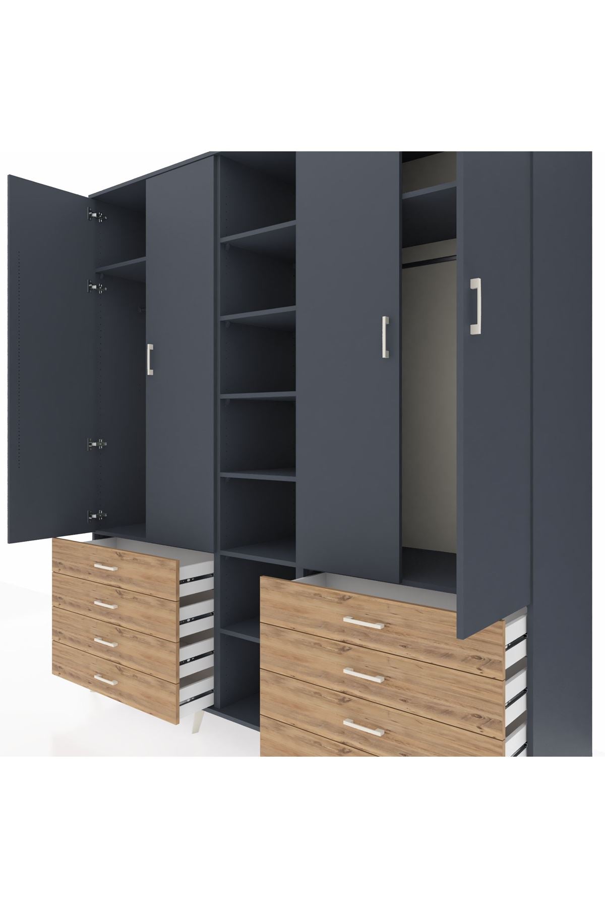 Kronos Dolap 10 Raflı 8 Çekmeceli 2 Askılı 220x59x243 Antrasit-Antrasit/Çam