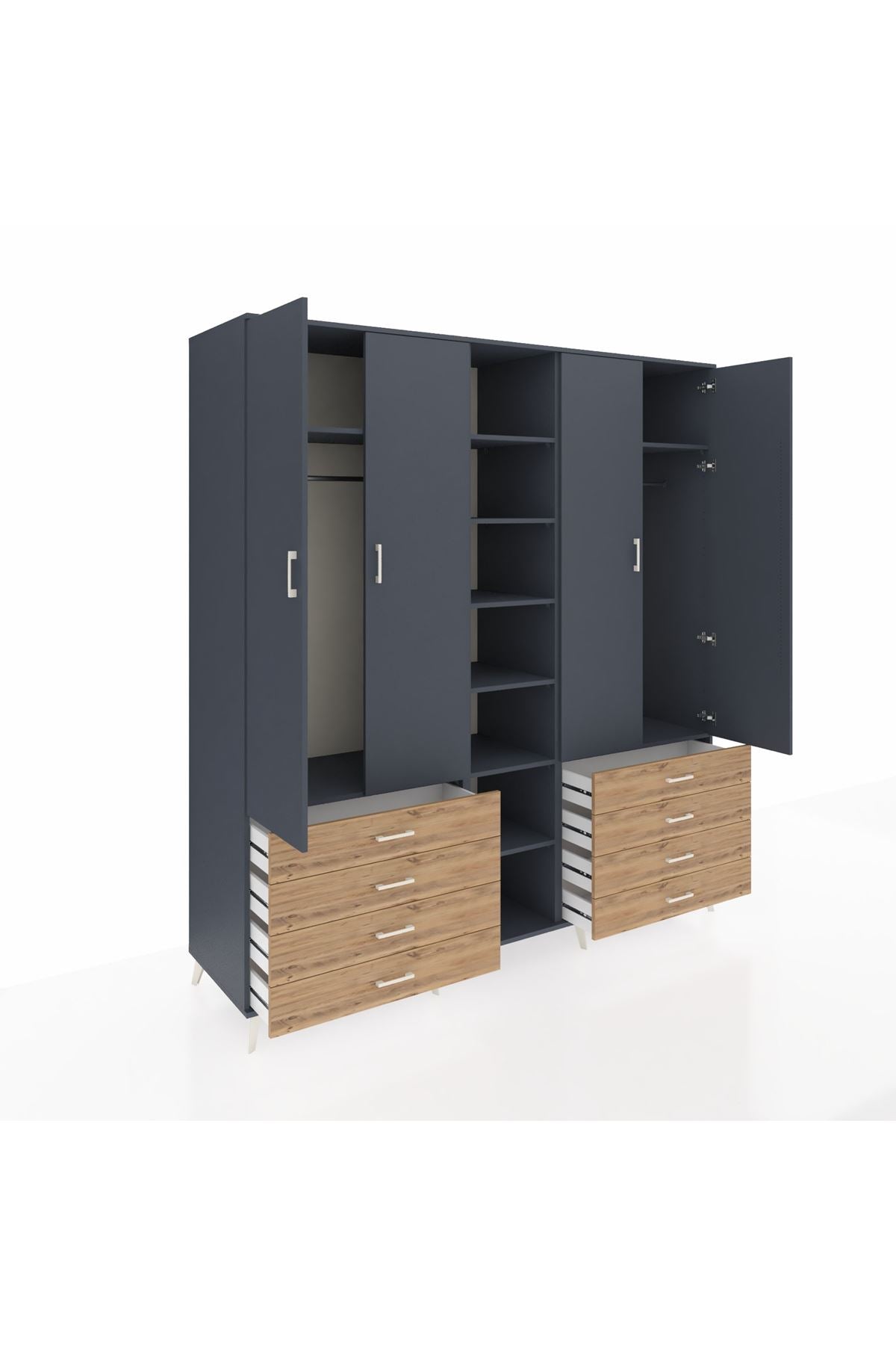 Kronos Dolap 10 Raflı 8 Çekmeceli 2 Askılı 220x59x243 Antrasit-Antrasit/Çam