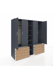 Kronos Dolap 10 Raflı 8 Çekmeceli 2 Askılı 220x59x243 Antrasit-Antrasit/Çam