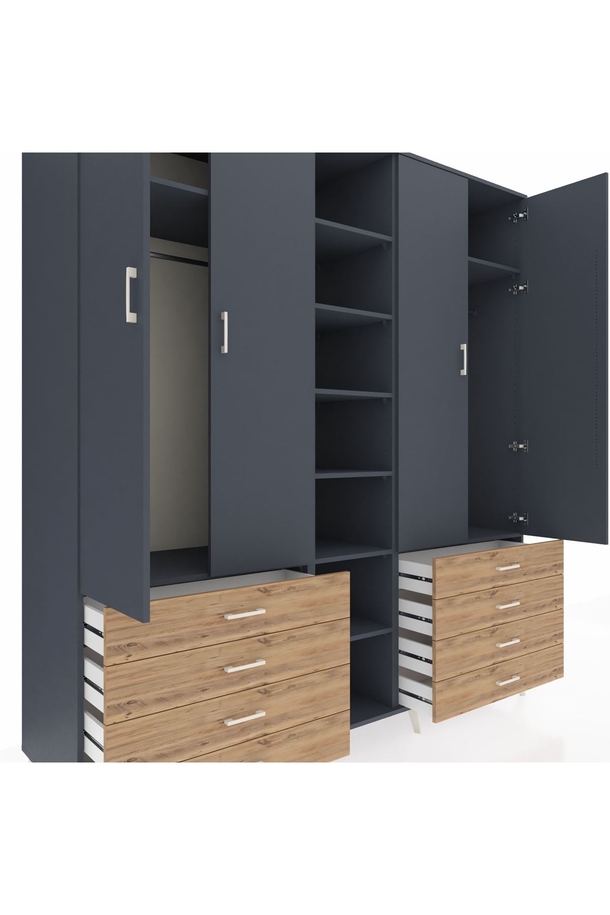 Kronos Dolap 10 Raflı 8 Çekmeceli 2 Askılı 220x59x243 Antrasit-Antrasit/Çam