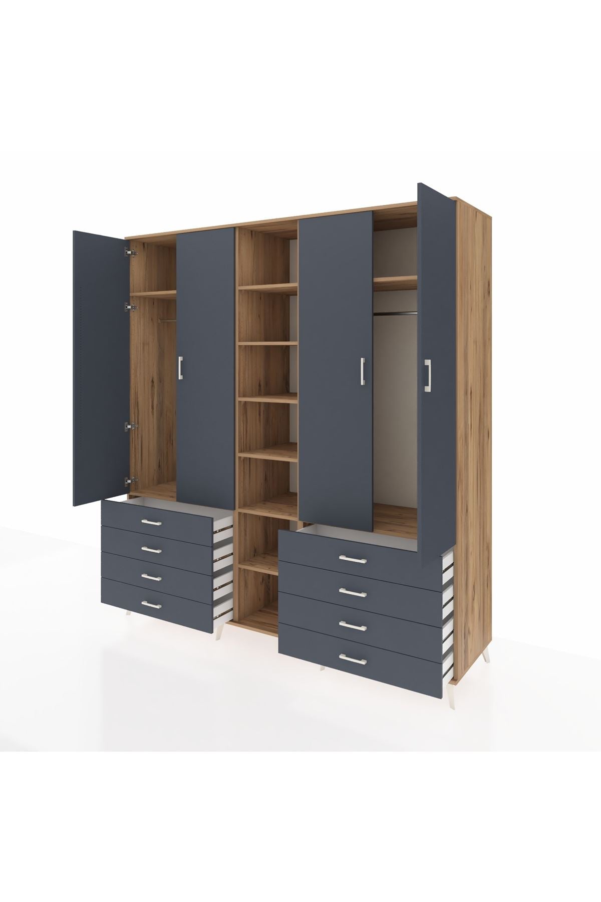 Kronos Dolap 10 Raflı 8 Çekmeceli 2 Askılı 220x59x243 Çam-Antrasit/Antrasit