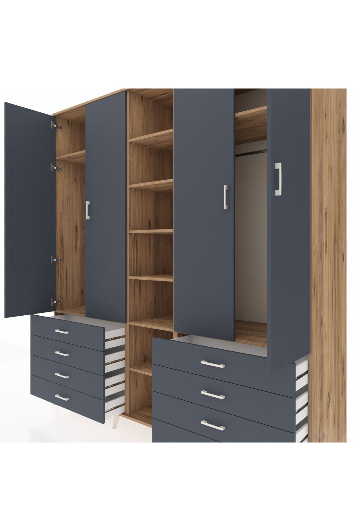 Kronos Dolap 10 Raflı 8 Çekmeceli 2 Askılı 220x59x243 Çam-Antrasit/Antrasit