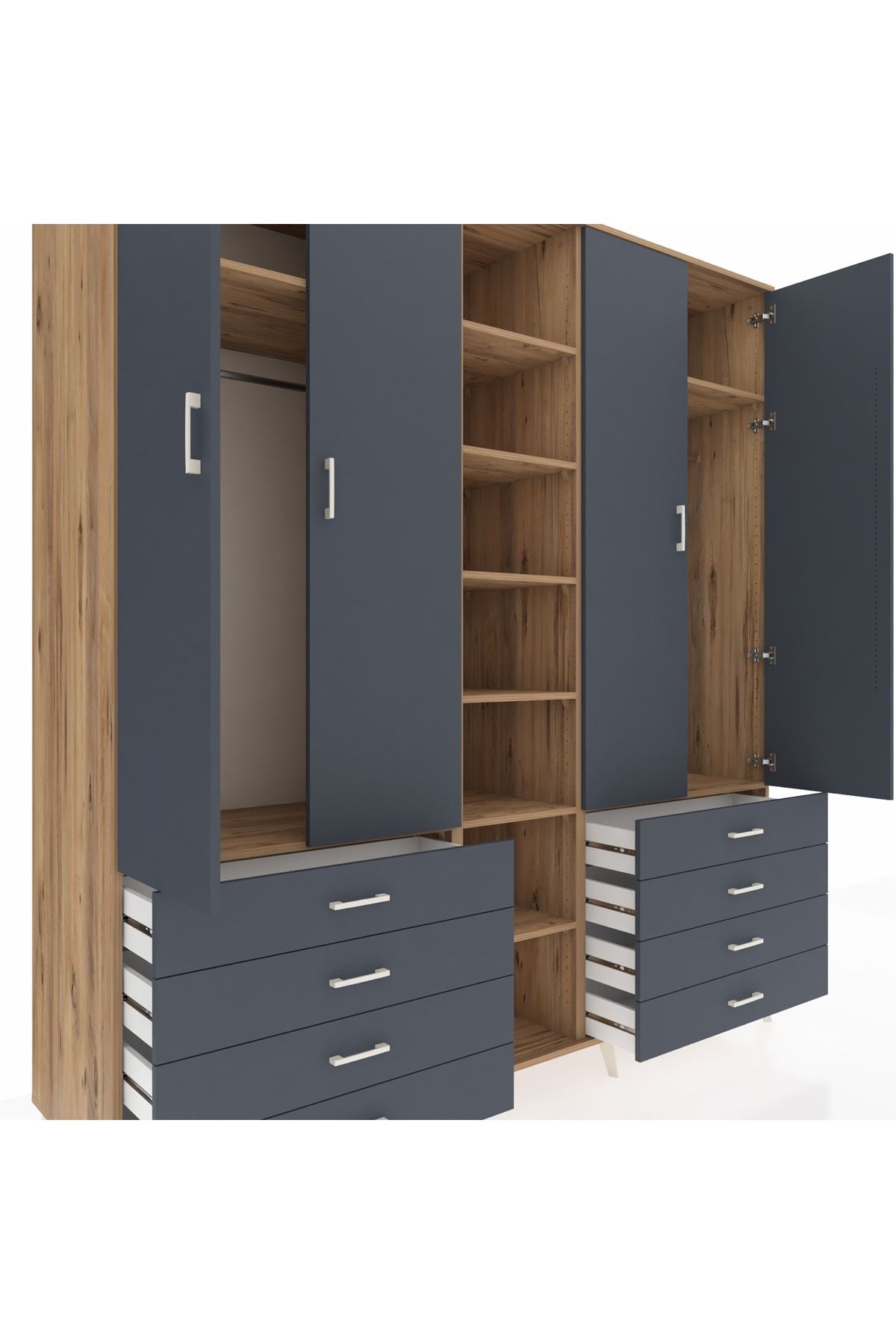 Kronos Dolap 10 Raflı 8 Çekmeceli 2 Askılı 220x59x243 Çam-Antrasit/Antrasit