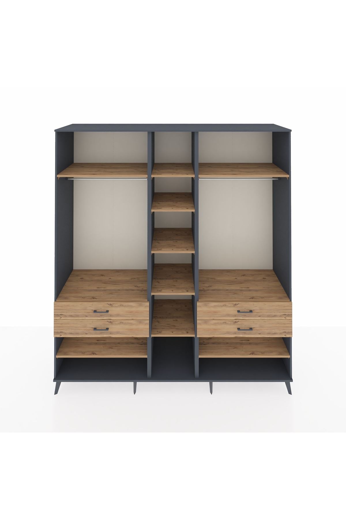 Kronos Dolap 11 Raflı 4 Çekmeceli 2 Askılı 220x59x243 Antrasit-Çam/Çam