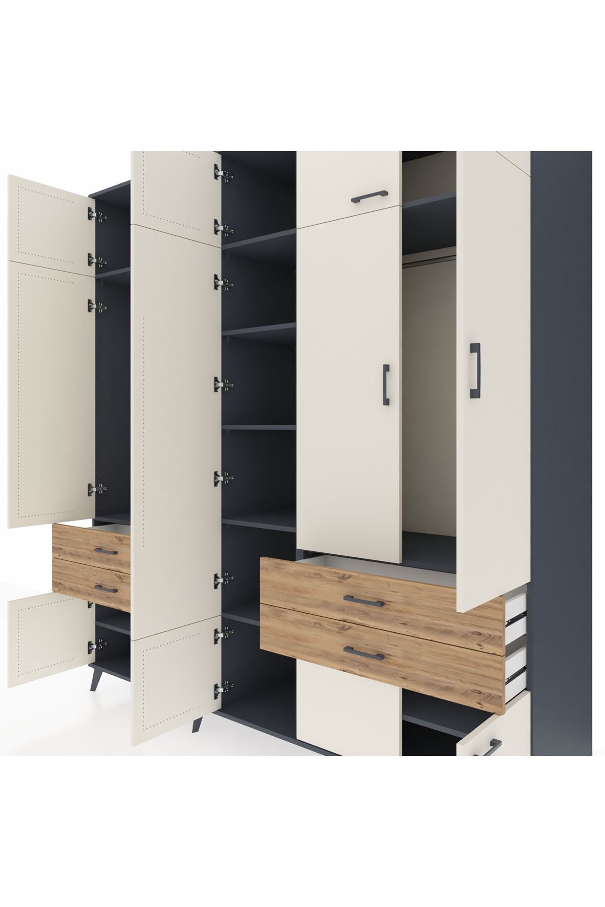 Kronos Dolap 11 Raflı 4 Çekmeceli 2 Askılı 220x59x243 Antrasit-Aytaşı/Çam