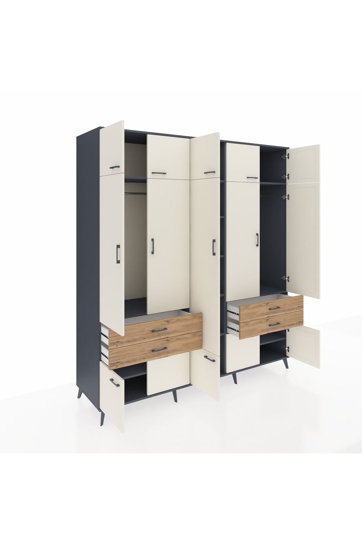 Kronos Dolap 11 Raflı 4 Çekmeceli 2 Askılı 220x59x243 Antrasit-Aytaşı/Çam