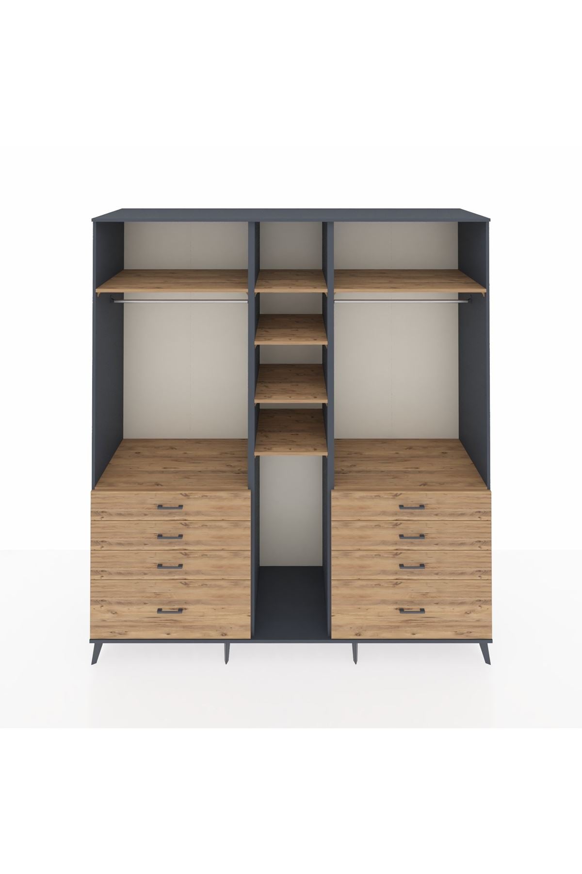 Kronos Dolap 8 Raflı 8 Çekmeceli 3 Askılı 220x59x243 Antrasit-Çam/Çam