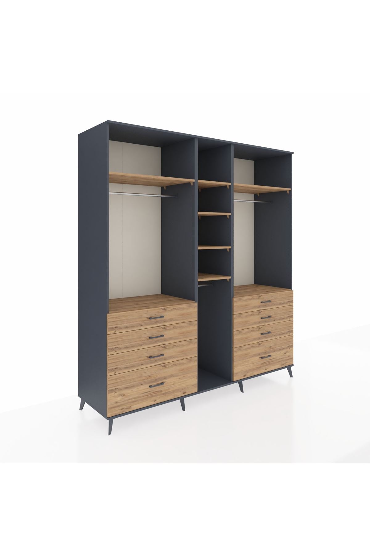 Kronos Dolap 8 Raflı 8 Çekmeceli 3 Askılı 220x59x243 Antrasit-Çam/Çam