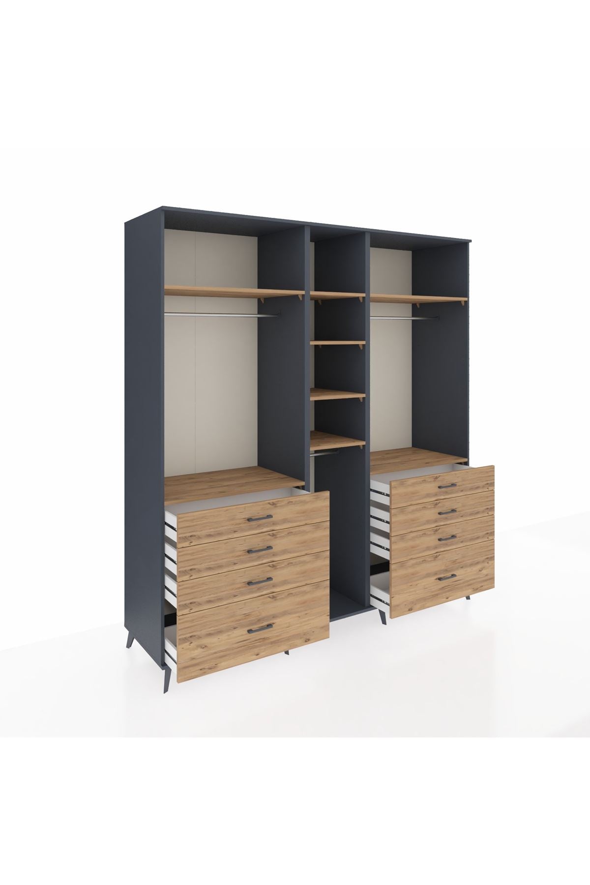 Kronos Dolap 8 Raflı 8 Çekmeceli 3 Askılı 220x59x243 Antrasit-Çam/Çam