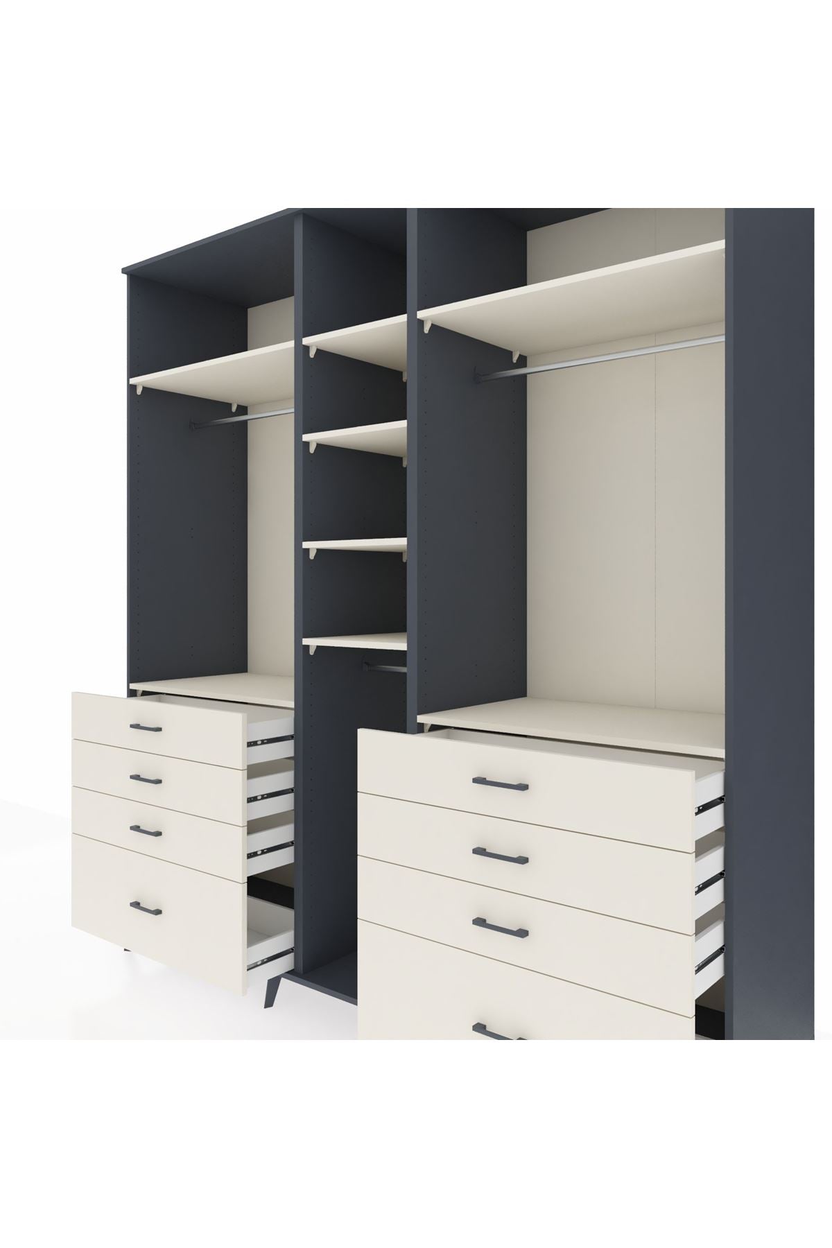 Kronos Dolap 8 Raflı 8 Çekmeceli 3 Askılı 220x59x243 Antrasit-Aytaşı/Aytaşı