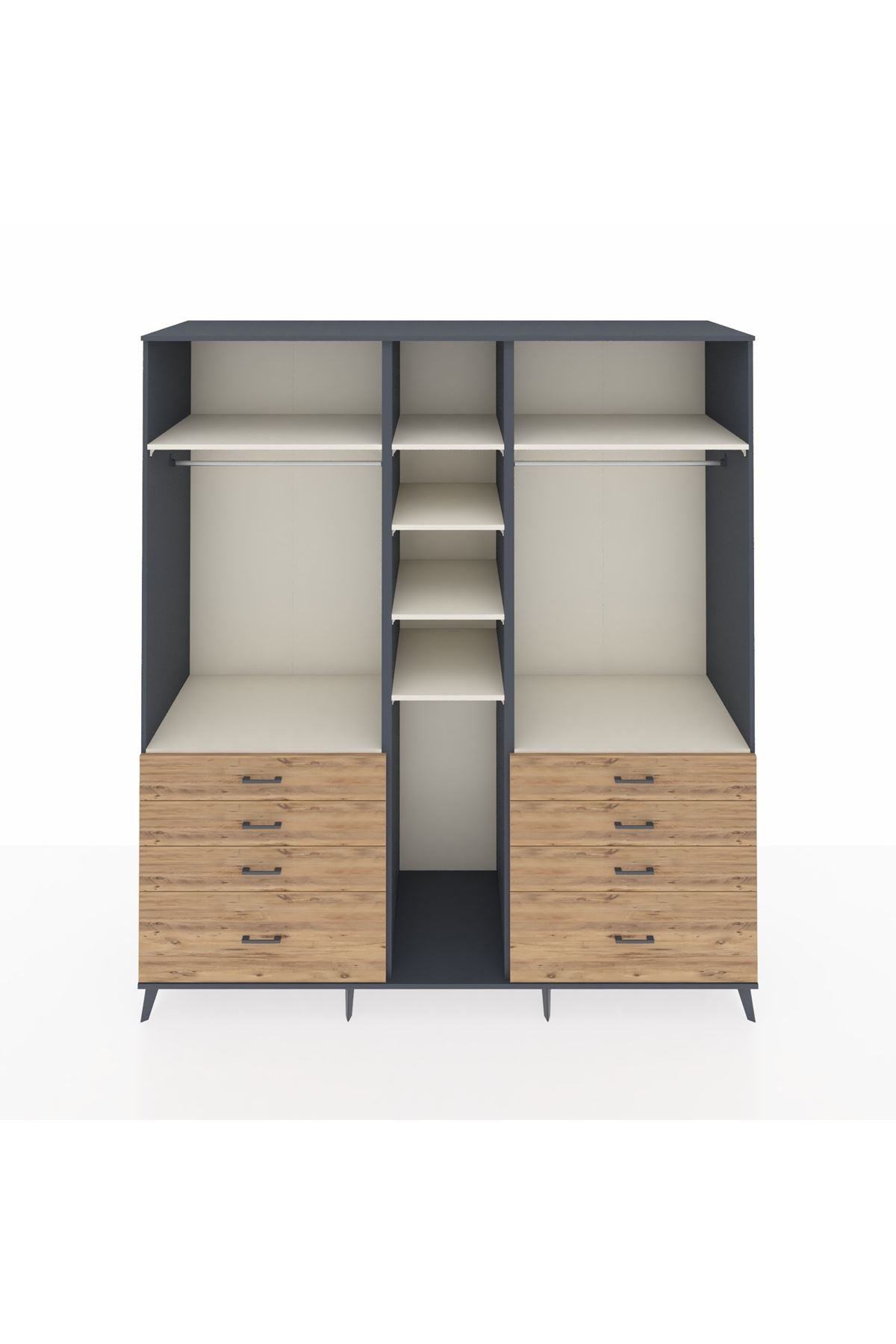 Kronos Dolap 8 Raflı 8 Çekmeceli 3 Askılı 220x59x243 Antrasit-Aytaşı/Çam