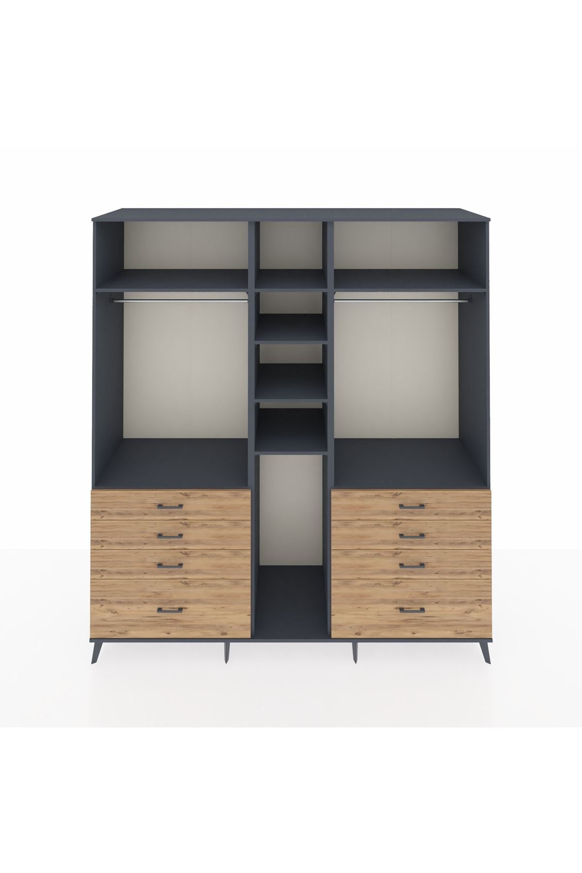 Kronos Dolap 8 Raflı 8 Çekmeceli 3 Askılı 220x59x243 Antrasit-Antrasit/Çam