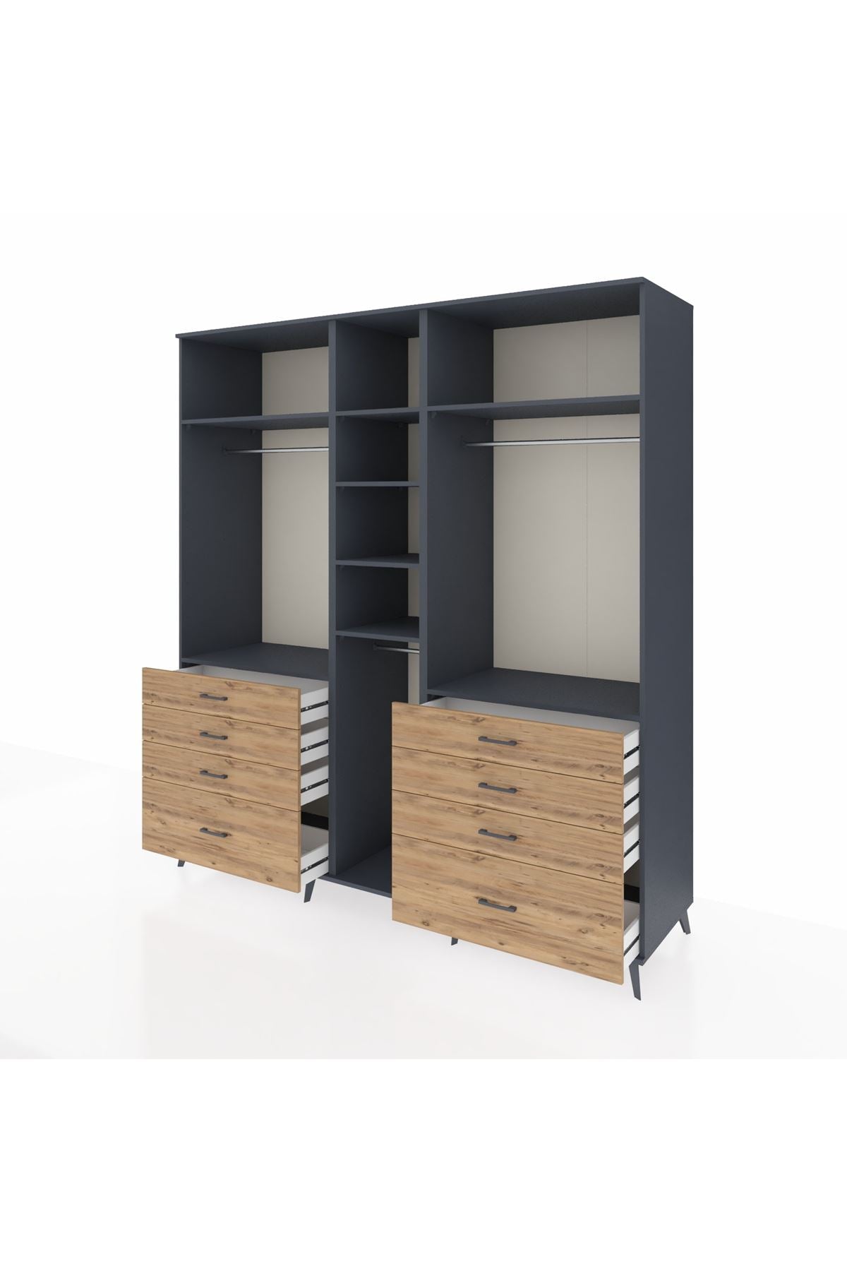 Kronos Dolap 8 Raflı 8 Çekmeceli 3 Askılı 220x59x243 Antrasit-Antrasit/Çam