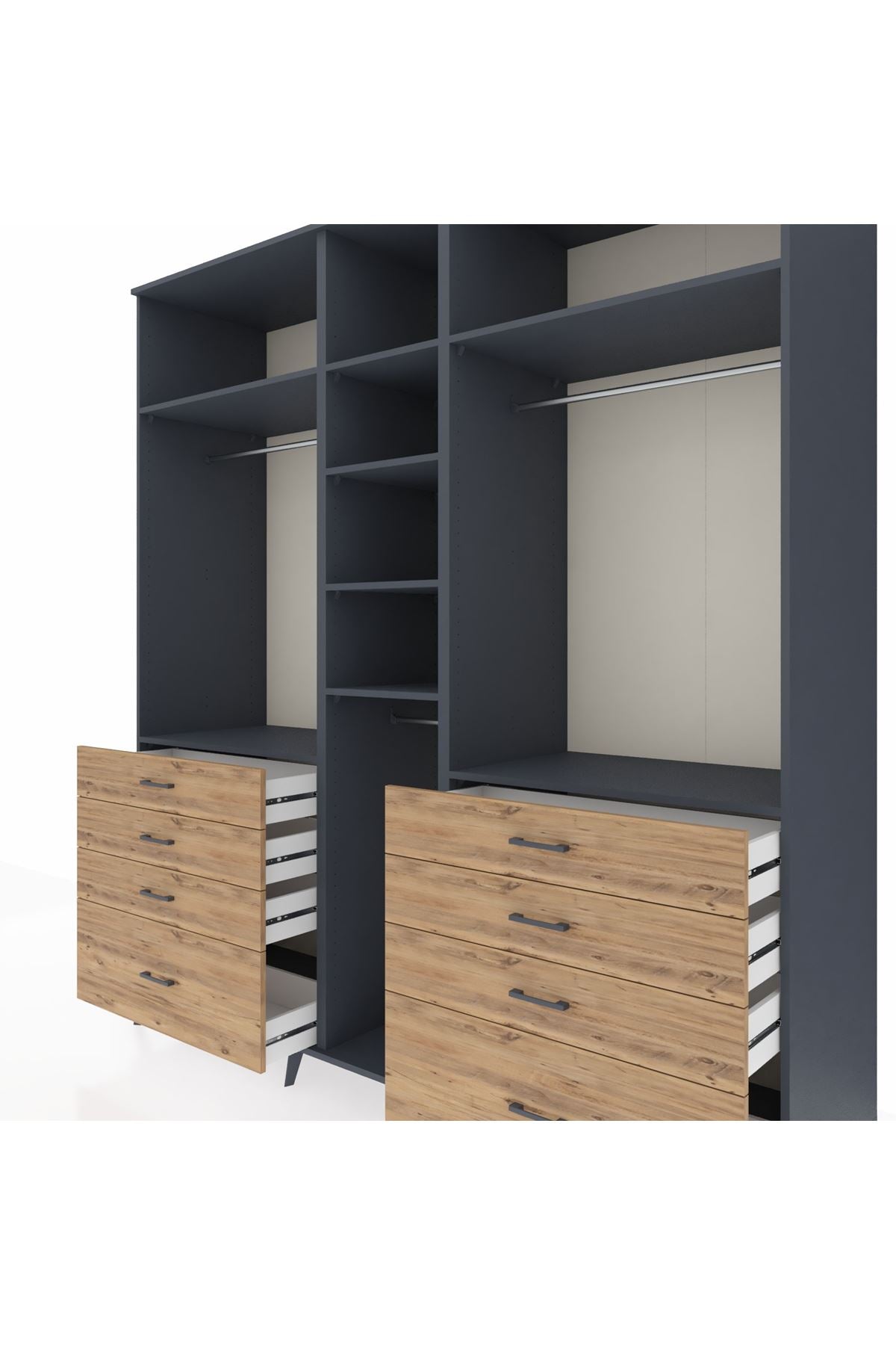 Kronos Dolap 8 Raflı 8 Çekmeceli 3 Askılı 220x59x243 Antrasit-Antrasit/Çam