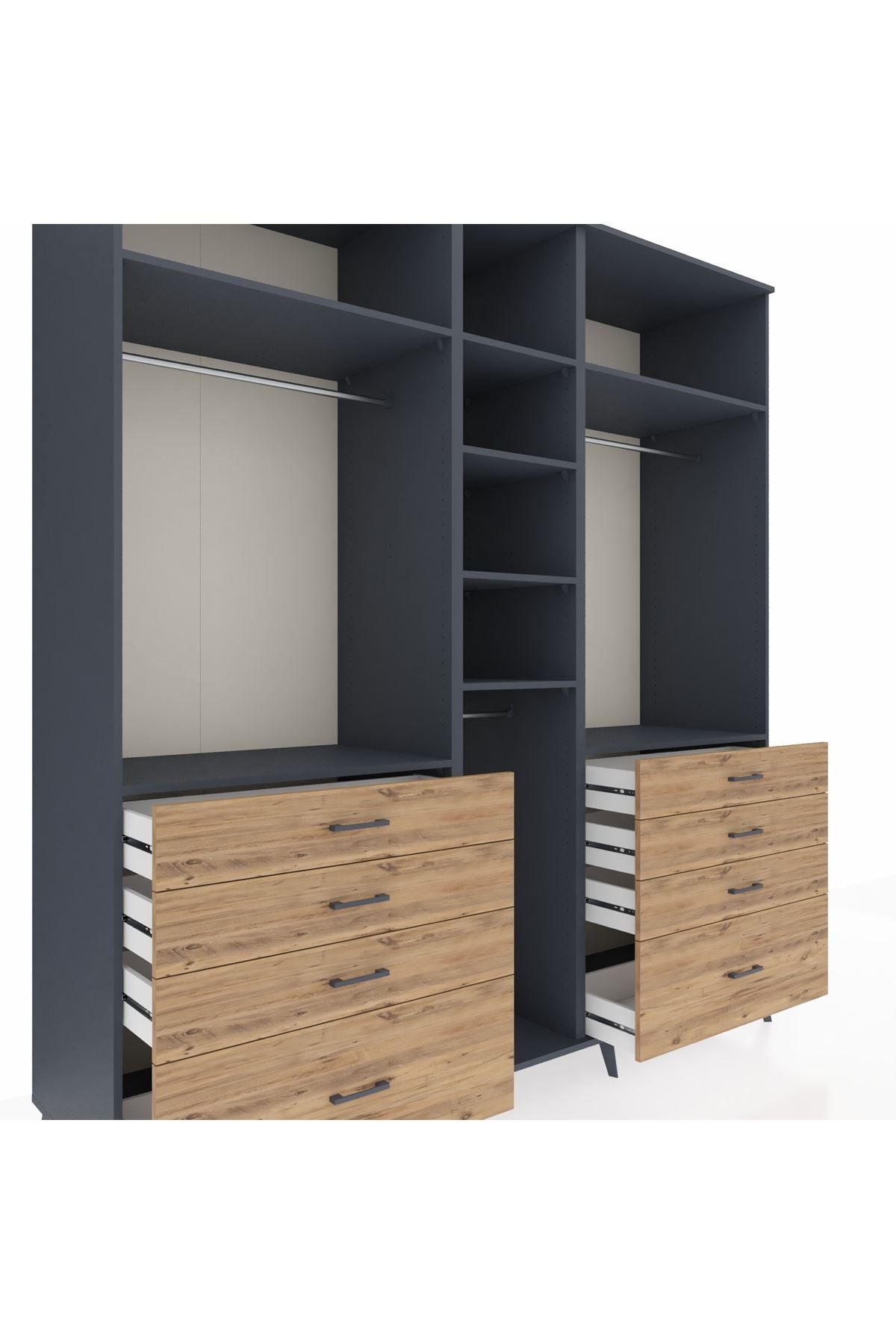 Kronos Dolap 8 Raflı 8 Çekmeceli 3 Askılı 220x59x243 Antrasit-Antrasit/Çam