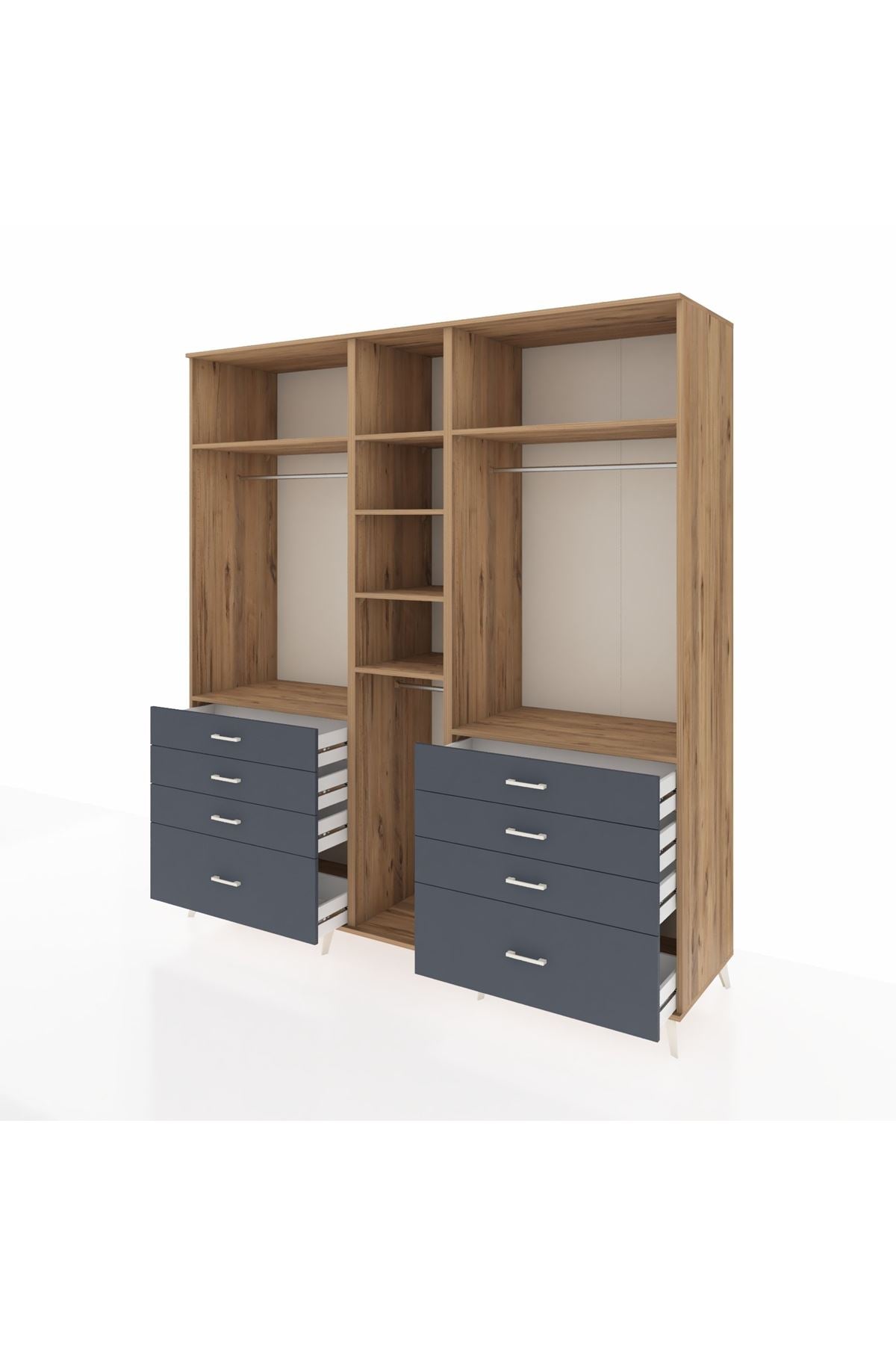 Kronos Dolap 8 Raflı 8 Çekmeceli 3 Askılı 220x59x243 Çam-Çam/Antrasit