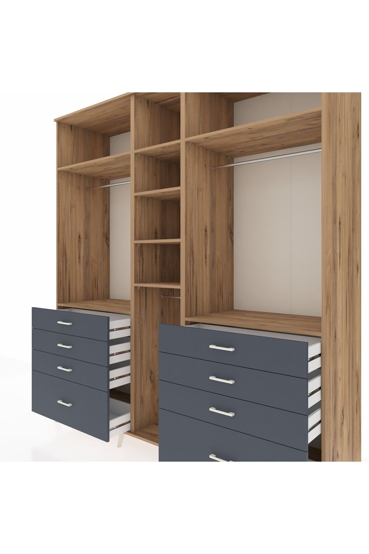 Kronos Dolap 8 Raflı 8 Çekmeceli 3 Askılı 220x59x243 Çam-Çam/Antrasit