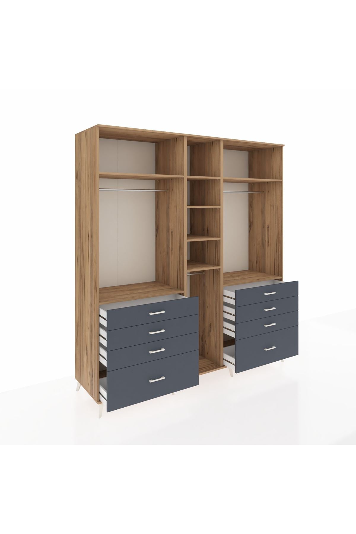 Kronos Dolap 8 Raflı 8 Çekmeceli 3 Askılı 220x59x243 Çam-Çam/Antrasit