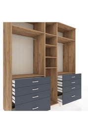Kronos Dolap 8 Raflı 8 Çekmeceli 3 Askılı 220x59x243 Çam-Çam/Antrasit