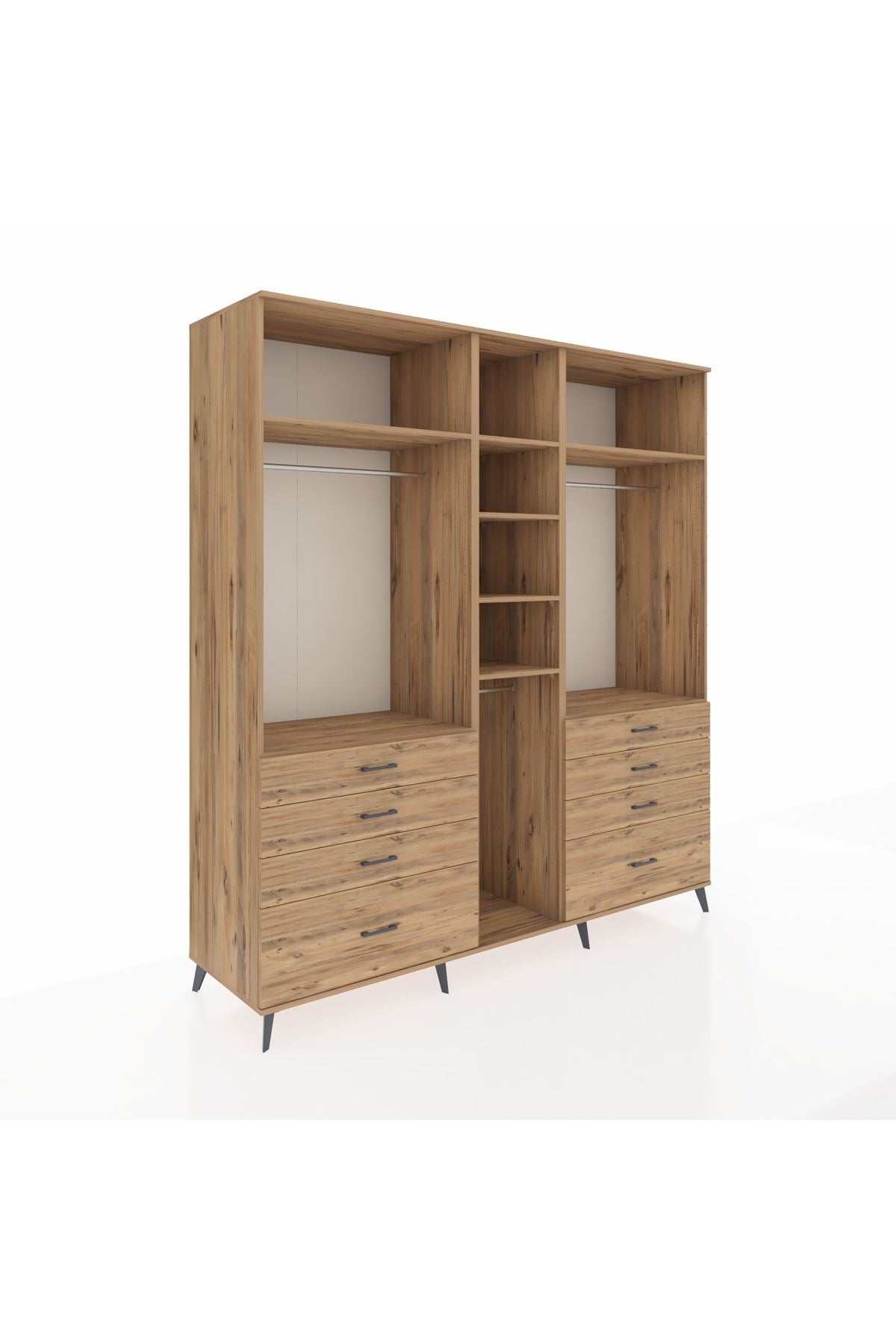 Kronos Dolap 8 Raflı 8 Çekmeceli 3 Askılı 220x59x243 Çam-Çam/Çam