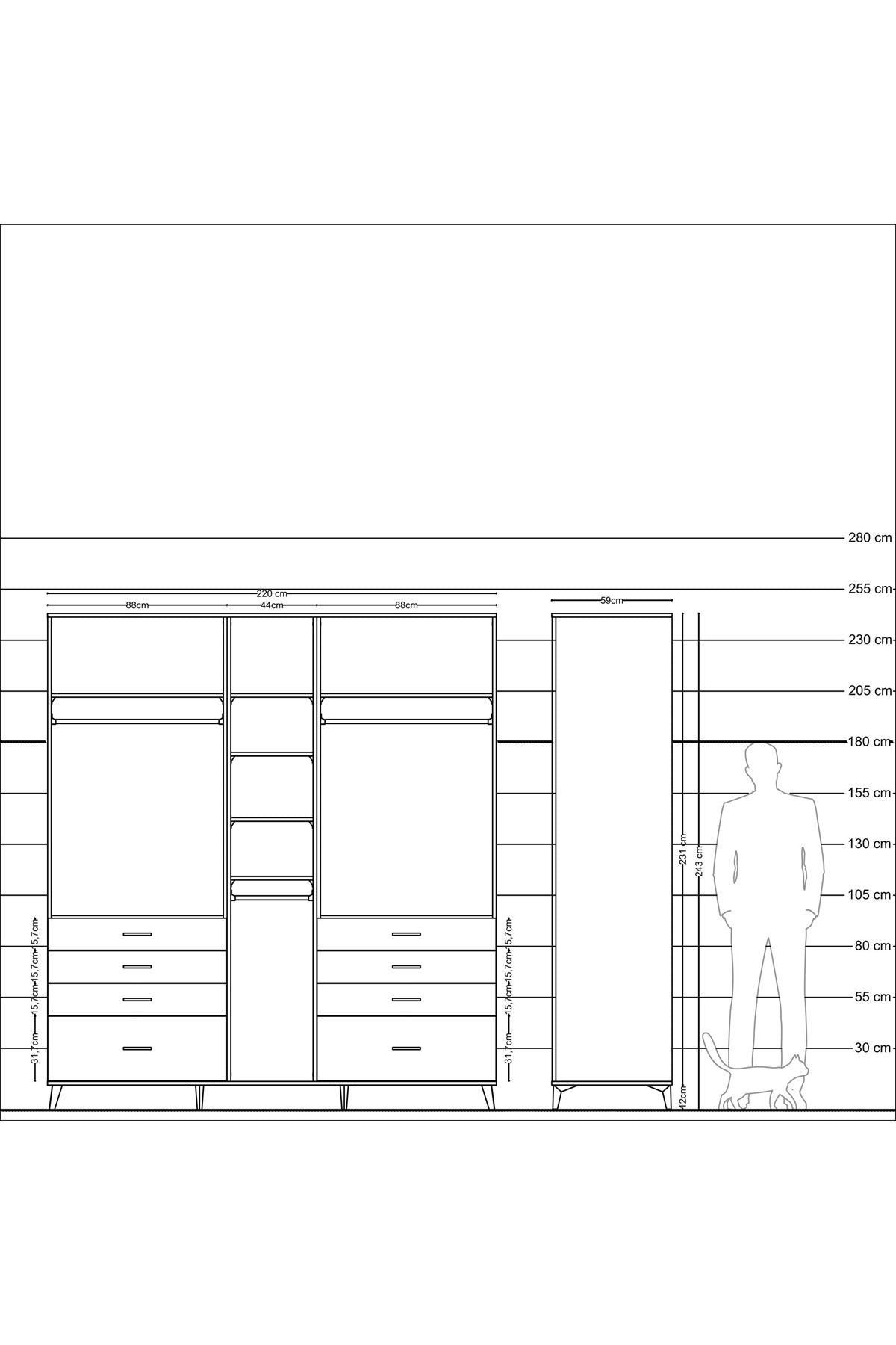 Kronos Dolap 8 Raflı 8 Çekmeceli 3 Askılı 220x59x243 - S784M008V22C