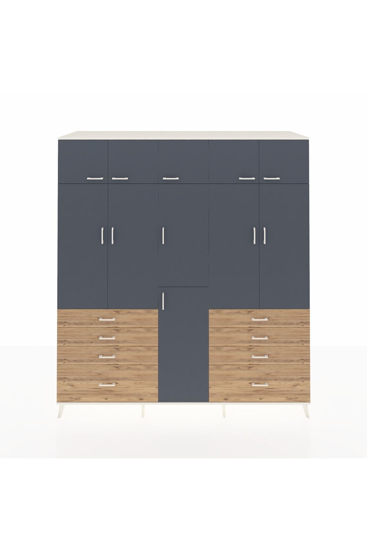 Kronos Dolap 8 Raflı 8 Çekmeceli 3 Askılı 220x59x243 Aytaşı-Antrasit/Çam