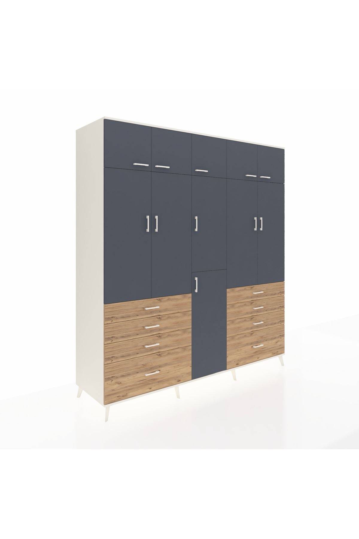 Kronos Dolap 8 Raflı 8 Çekmeceli 3 Askılı 220x59x243 Aytaşı-Antrasit/Çam