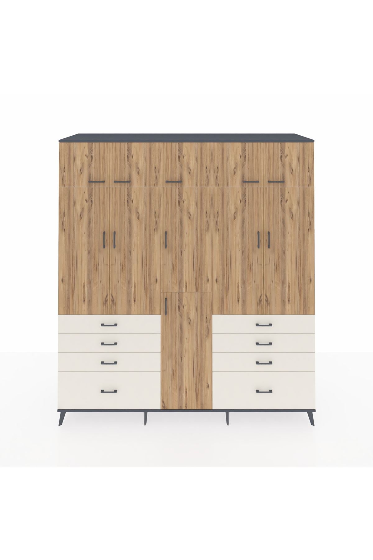 Kronos Dolap 8 Raflı 8 Çekmeceli 3 Askılı 220x59x243 Antrasit-Çam/Aytaşı