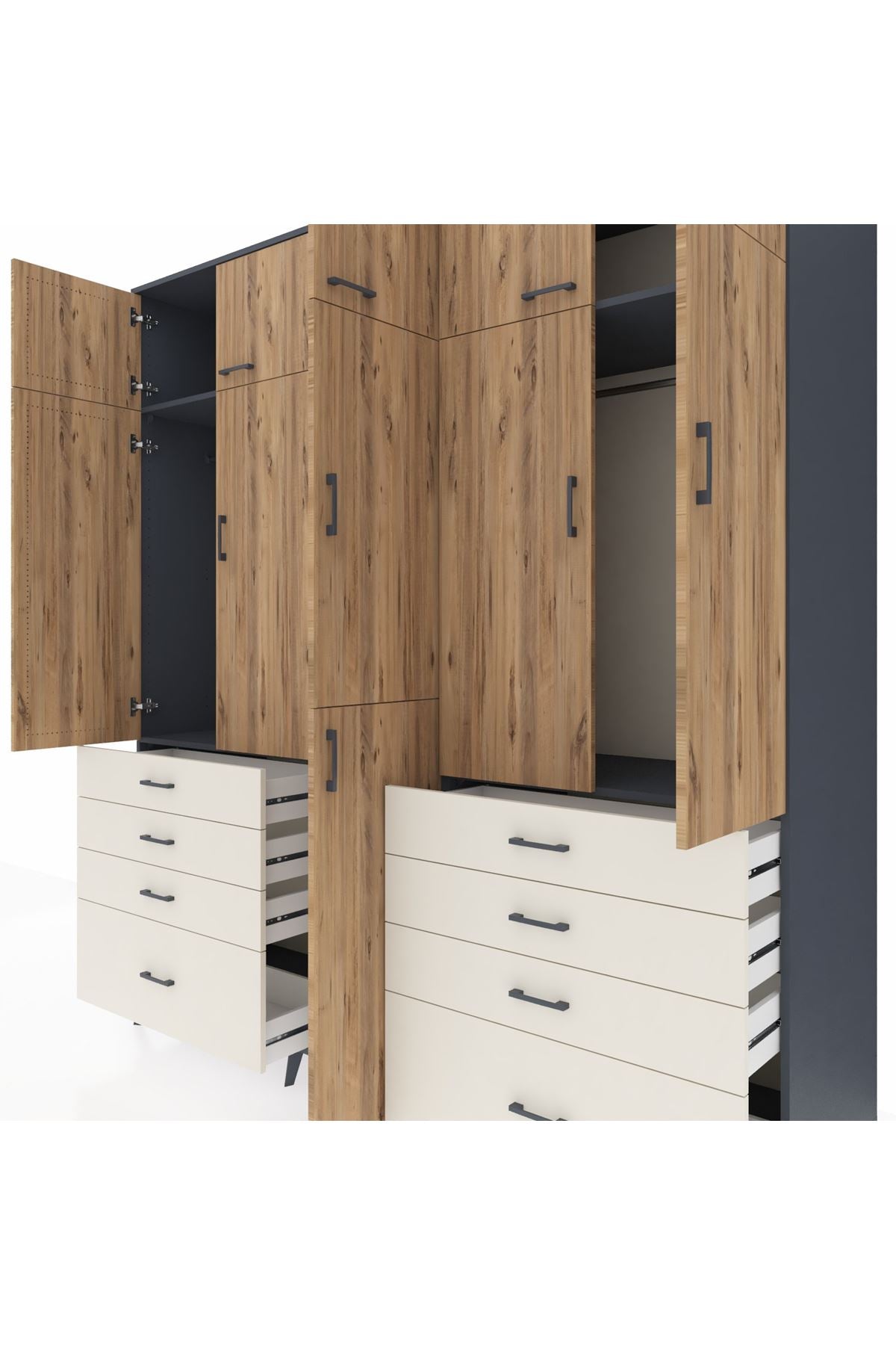 Kronos Dolap 8 Raflı 8 Çekmeceli 3 Askılı 220x59x243 Antrasit-Çam/Aytaşı