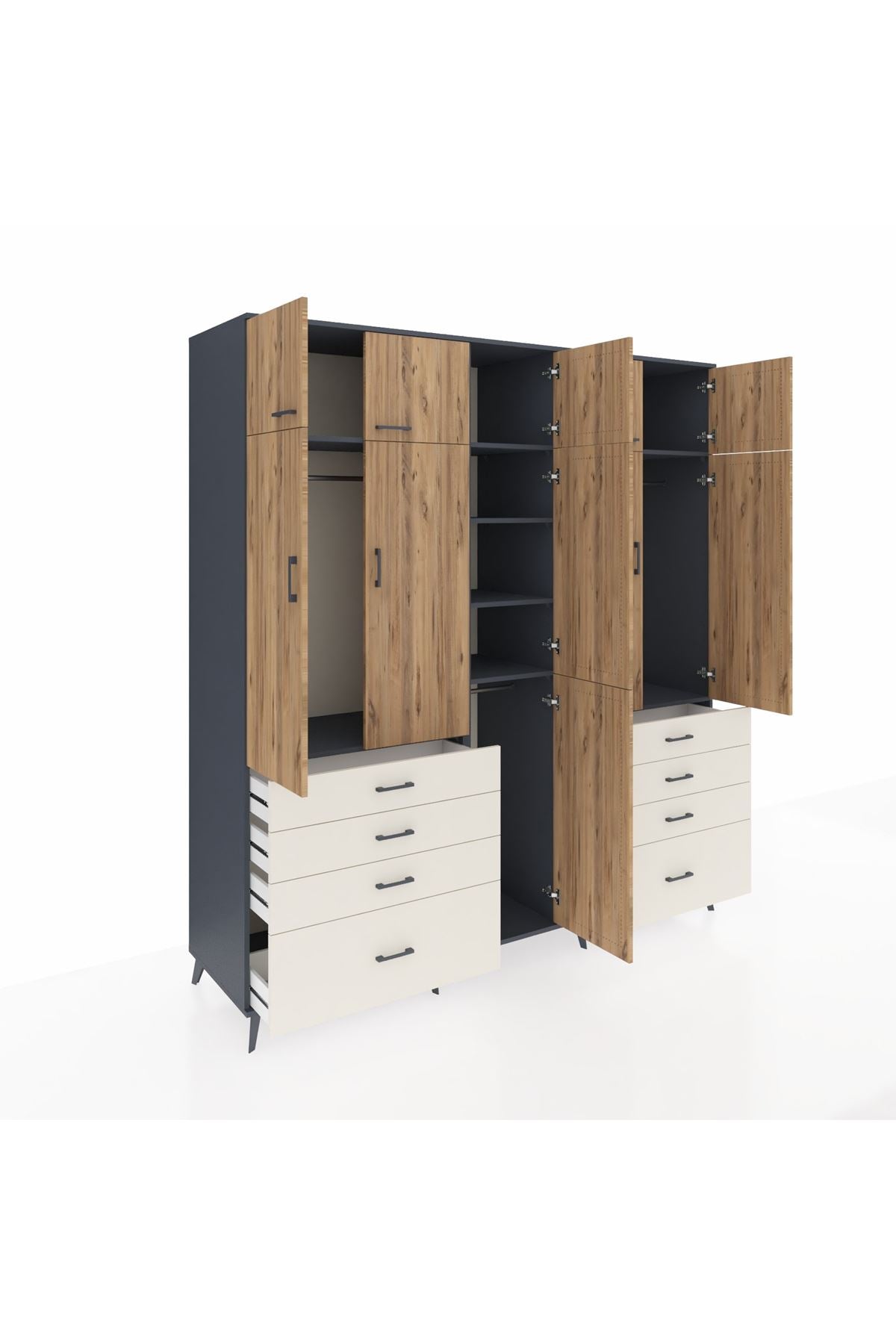 Kronos Dolap 8 Raflı 8 Çekmeceli 3 Askılı 220x59x243 Antrasit-Çam/Aytaşı