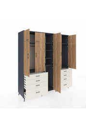 Kronos Dolap 8 Raflı 8 Çekmeceli 3 Askılı 220x59x243 Antrasit-Çam/Aytaşı
