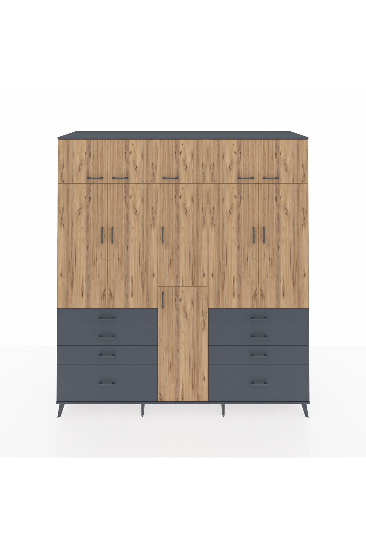 Kronos Dolap 8 Raflı 8 Çekmeceli 3 Askılı 220x59x243 Antrasit-Çam/Antrasit